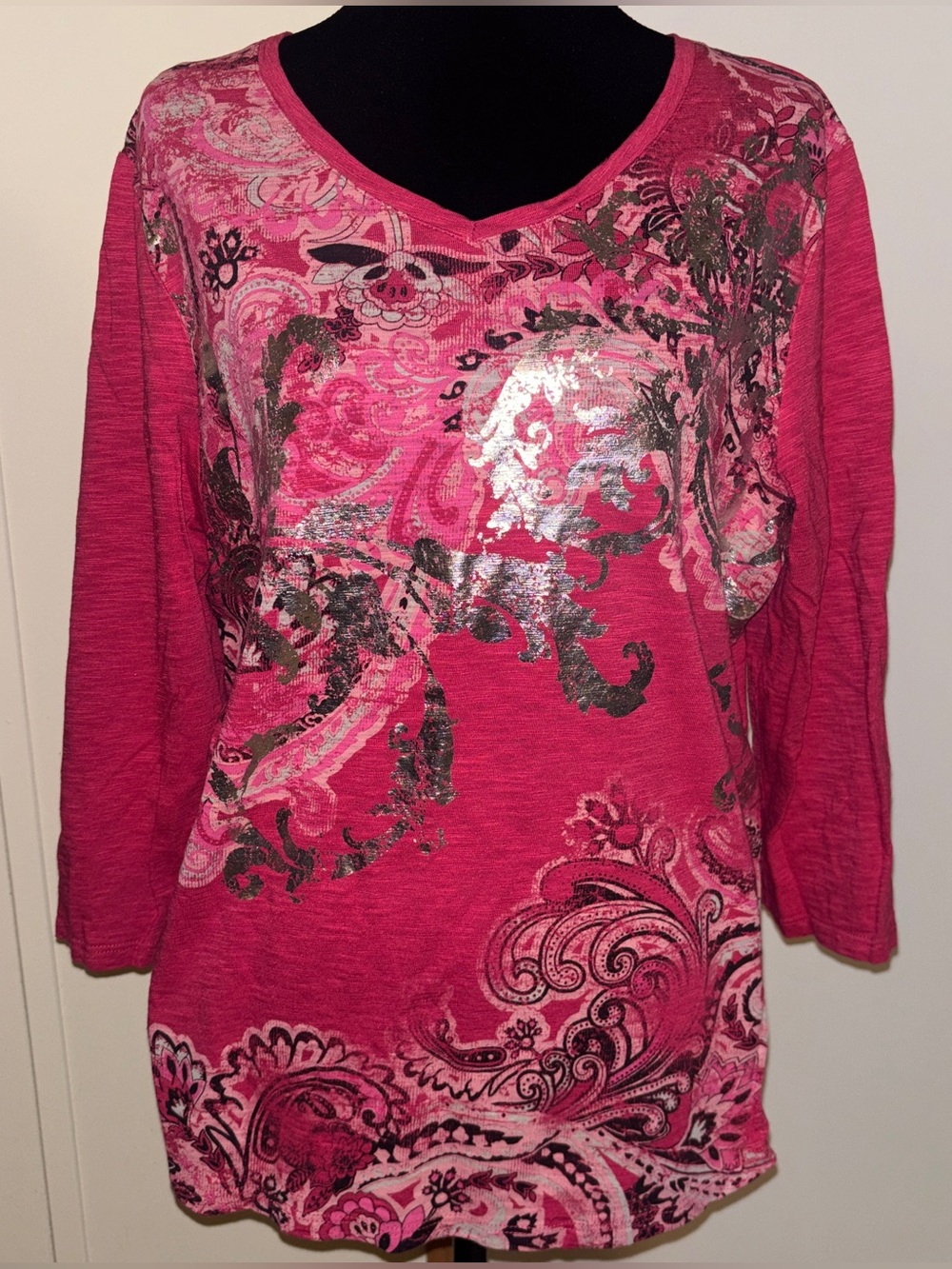 Vintage Y2K B.L.E.U. Pink V Neck Top Shirt Womenโs Size Large Grunge Paisley